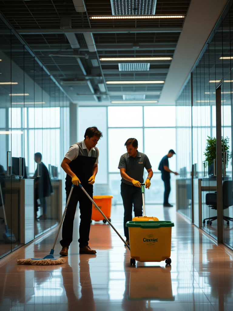 people actively cleaning office spaces, emphasizing professional janitorial work