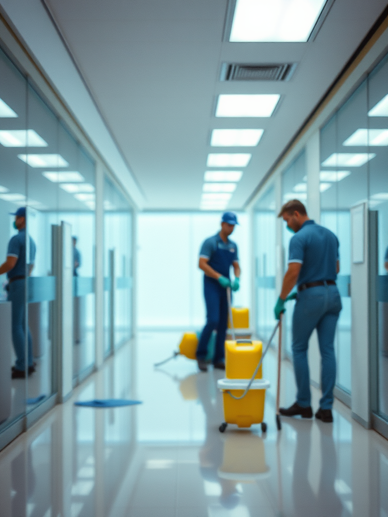 people actively cleaning office spaces, emphasizing professional janitorial work