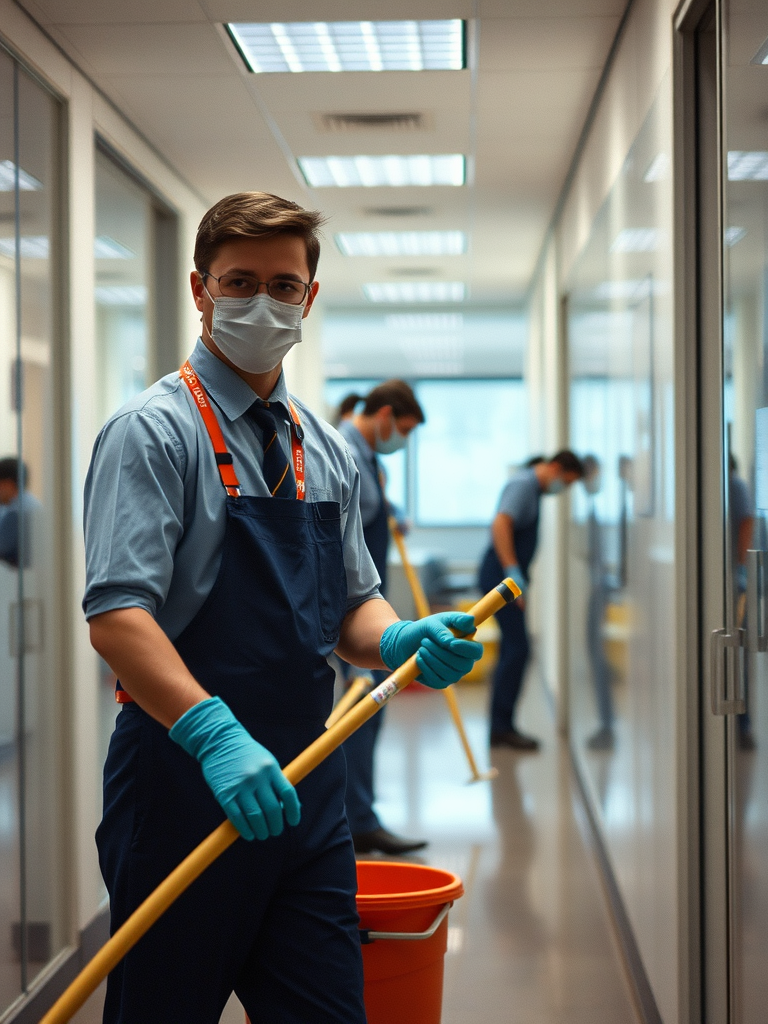 people actively cleaning office spaces, emphasizing professional janitorial work