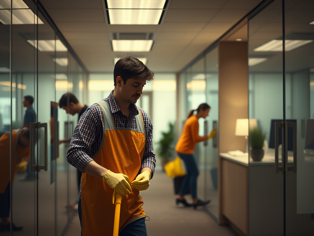people actively cleaning office spaces, emphasizing professional janitorial work
