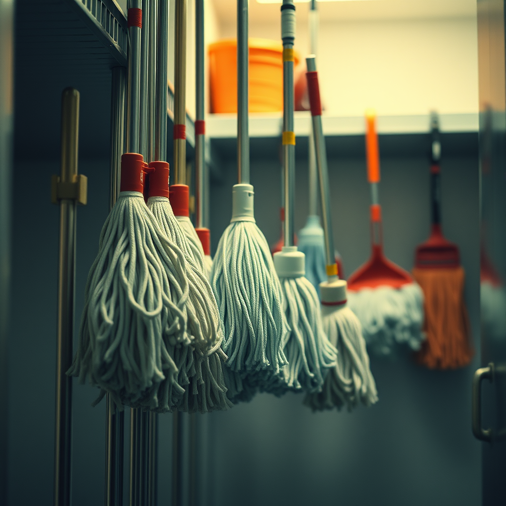 several mops hanging from a supply closet